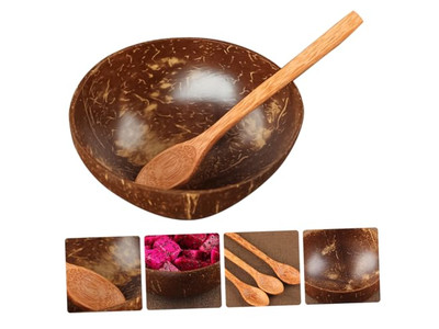 وعاء جوز الهند بتصميم نخل مع مجموعة من الأوعية المصنوعة من القشرة الخشبية المنسوجة يدويًا