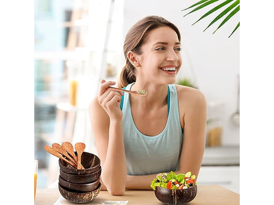 وعاء سلطة فواكه مسحوق كعكة صخور مجموعة مطبخ خشبية قناع من الخيزران قشرة جوز الهند